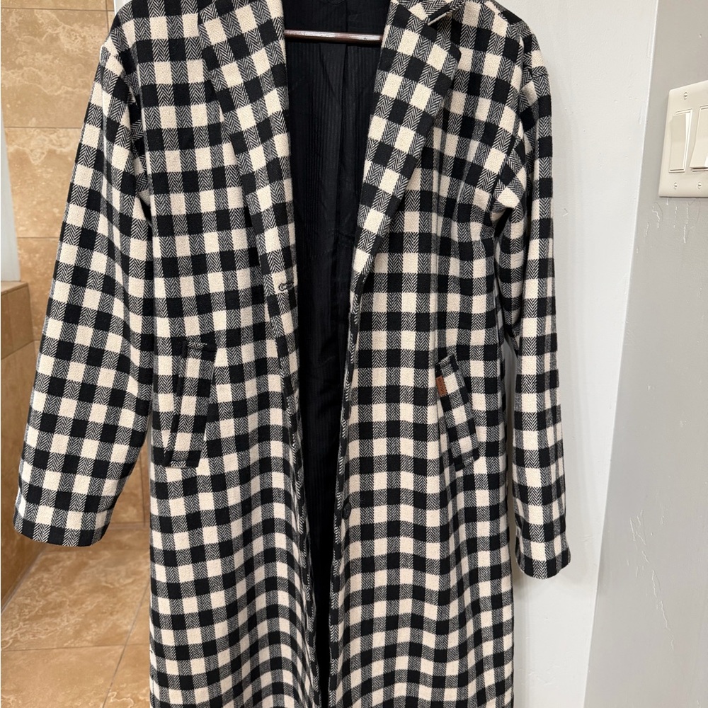 Brixton Black and Cream Check Long Trench Coat